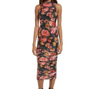 SNDYS Mesh dress Ruched Floral Sleevless Midi stretch NEW Small
